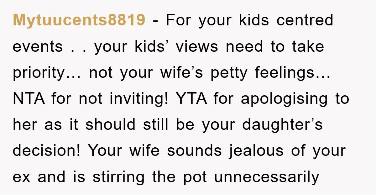 Mytuucents8819 − For your kids centred events . . your kids’ views need to take priority… not your wife’s petty feelings… NTA for not inviting! YTA for apologising to her...
