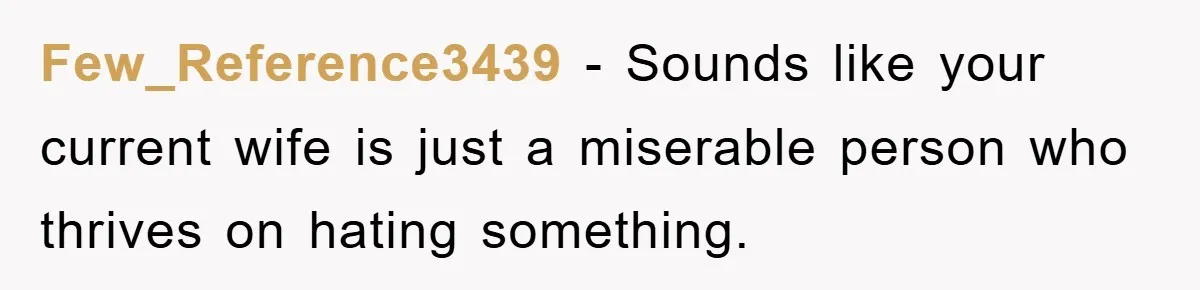 Few_Reference3439 − Sounds like your current wife is just a miserable person who thrives on hating something.