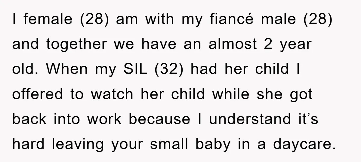 I female (28) am with my fiancé male (28) and together we have an almost 2 year old. When my SIL (32) had her child I offered to watch her...