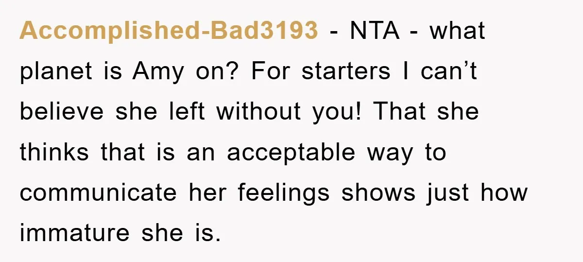 Accomplished-Bad3193 − NTA - what planet is Amy on? For starters I can’t believe she left without you! That she thinks that is an acceptable way to communicate her feelings...