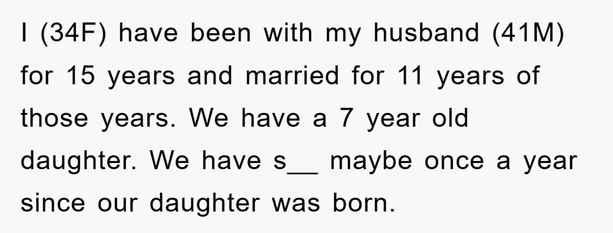 I (34F) have been with my husband (41M) for 15 years and married for 11 years of those years. We have a 7 year old daughter. We have s__ maybe...