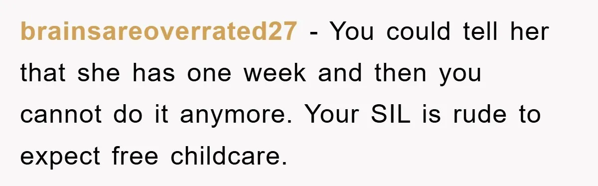 brainsareoverrated27 - You could tell her that she has one week and then you cannot do it anymore. Your SIL is rude to expect free childcare.