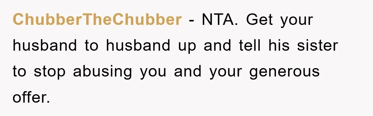 ChubberTheChubber - NTA. Get your husband to husband up and tell his sister to stop abusing you and your generous offer.