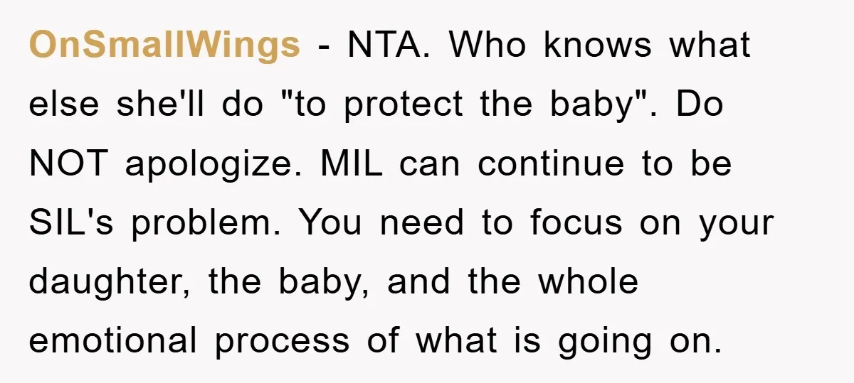 OnSmallWings - NTA. Who knows what else she'll do "to protect the baby". Do NOT apologize. MIL can continue to be SIL's problem. You need to focus on your daughter,...