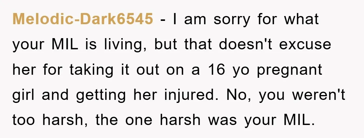 Melodic-Dark6545 - I am sorry for what your MIL is living, but that doesn't excuse her for taking it out on a 16 yo pregnant girl and getting her injured....