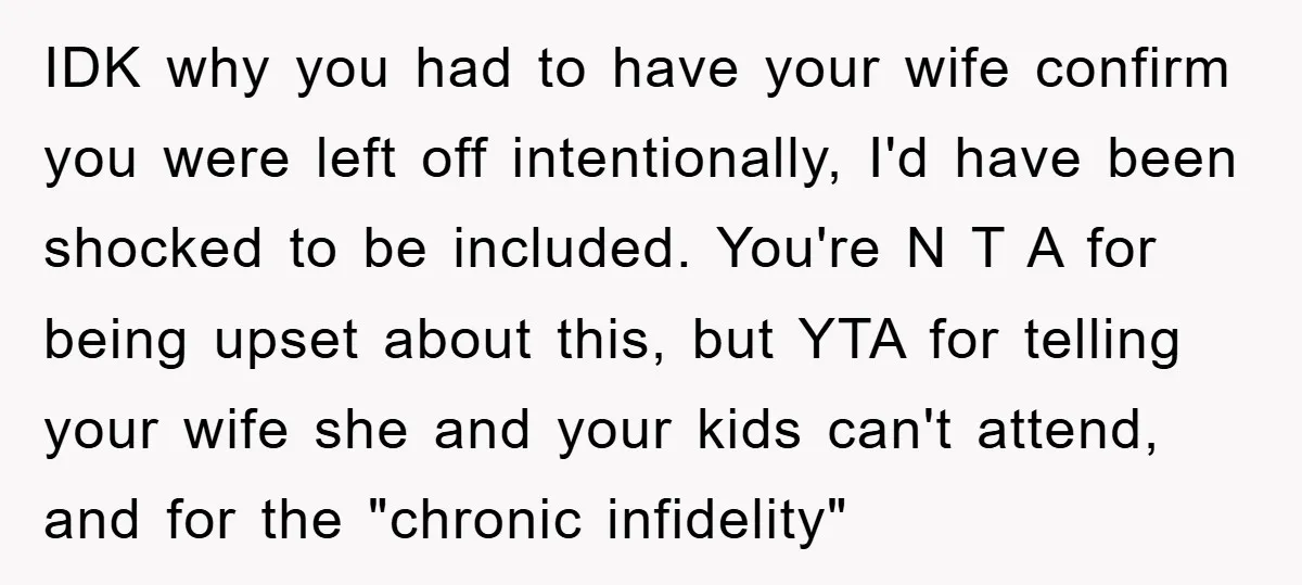 IDK why you had to have your wife confirm you were left off intentionally, I'd have been shocked to be included. You're N T A for being upset about this,...