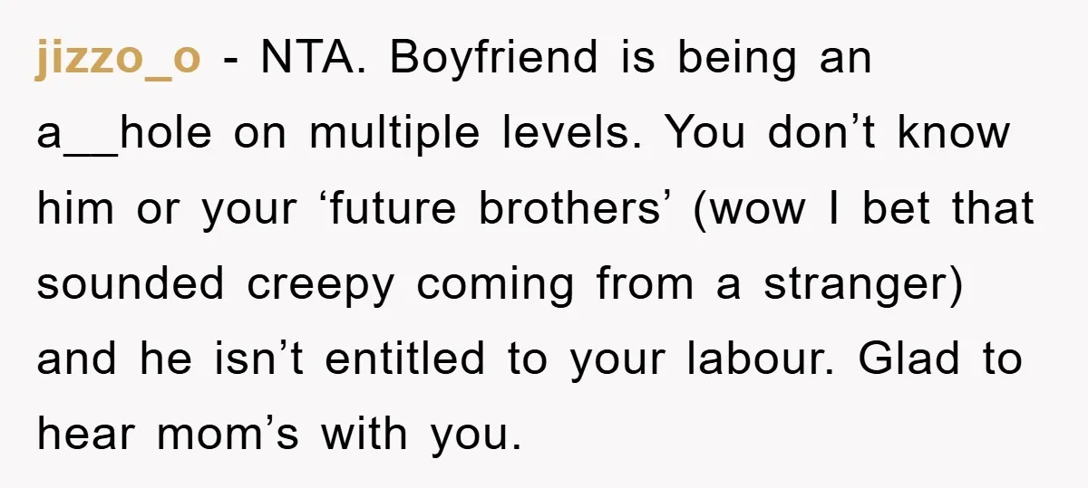 jizzo_o - NTA. Boyfriend is being an a__hole on multiple levels. You don’t know him or your ‘future brothers’ (wow I bet that sounded creepy coming from a stranger) and...