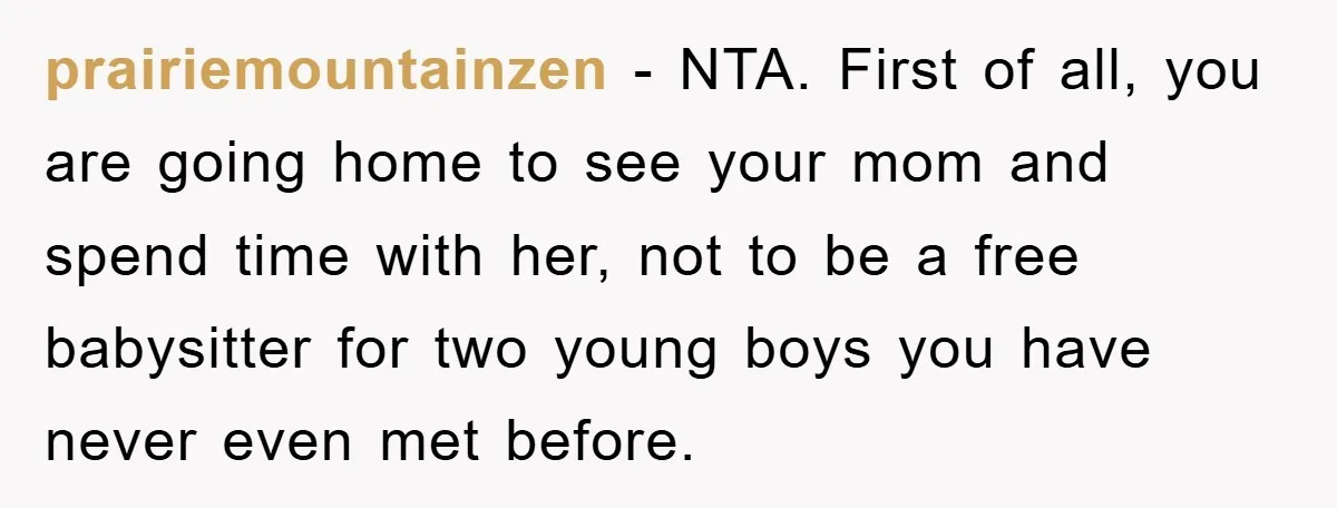 prairiemountainzen - NTA. First of all, you are going home to see your mom and spend time with her, not to be a free babysitter for two young boys you...