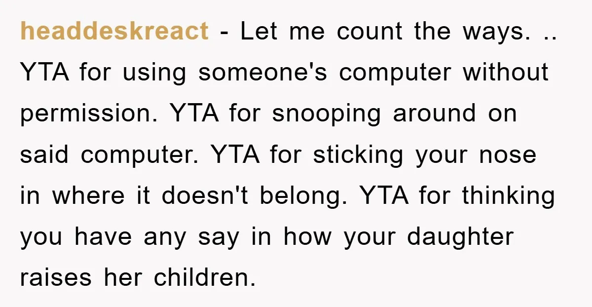 headdeskreact − Let me count the ways. .. YTA for using someone's computer without permission. YTA for snooping around on said computer. YTA for sticking your nose in where it...