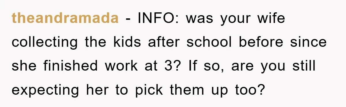 theandramada − INFO: was your wife collecting the kids after school before since she finished work at 3? If so, are you still expecting her to pick them up too?