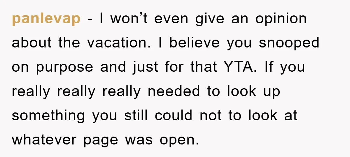 panlevap − I won’t even give an opinion about the vacation. I believe you snooped on purpose and just for that YTA. If you really really really needed to look...