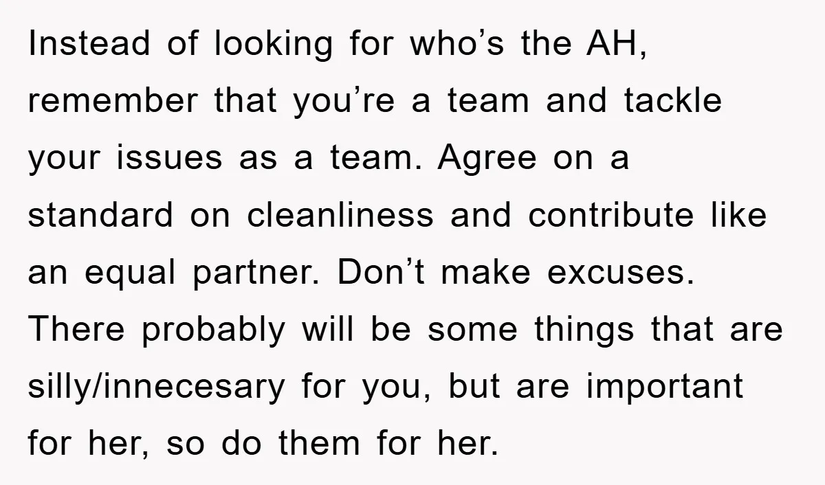 Instead of looking for who’s the AH, remember that you’re a team and tackle your issues as a team. Agree on a standard on cleanliness and contribute like an equal...