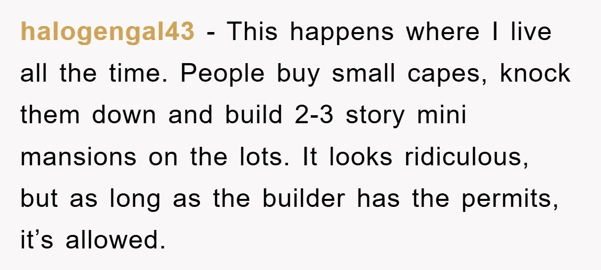 halogengal43 - This happens where I live all the time. People buy small capes, knock them down and build 2-3 story mini mansions on the lots. It looks ridiculous, but...