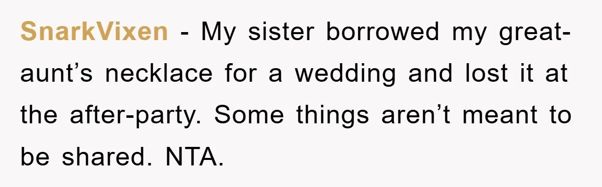 SnarkVixen − My sister borrowed my great-aunt’s necklace for a wedding and lost it at the after-party. Some things aren’t meant to be shared. NTA.