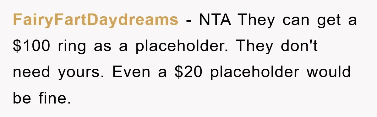 FairyFartDaydreams − NTA They can get a $100 ring as a placeholder. They don't need yours. Even a $20 placeholder would be fine.