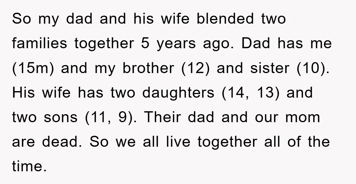So my dad and his wife blended two families together 5 years ago. Dad has me (15m) and my brother (12) and sister (10). His wife has two daughters (14,...