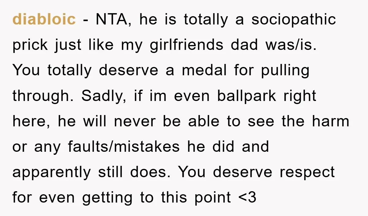 diabloic - NTA, he is totally a sociopathic prick just like my girlfriends dad was/is. You totally deserve a medal for pulling through. Sadly, if im even ballpark right here,...