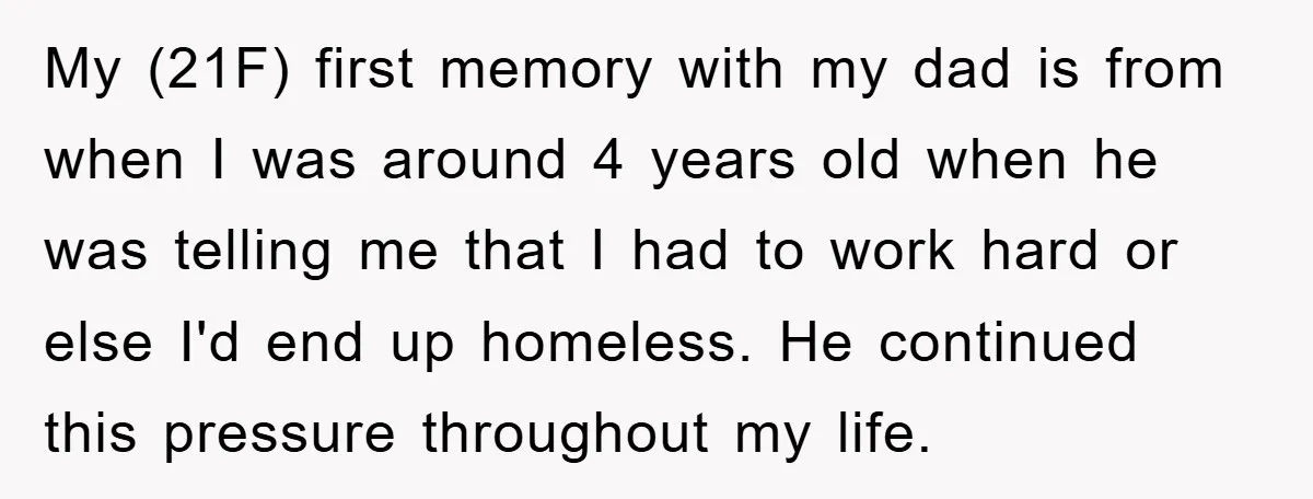 My (21F) first memory with my dad is from when I was around 4 years old when he was telling me that I had to work hard or else I'd...