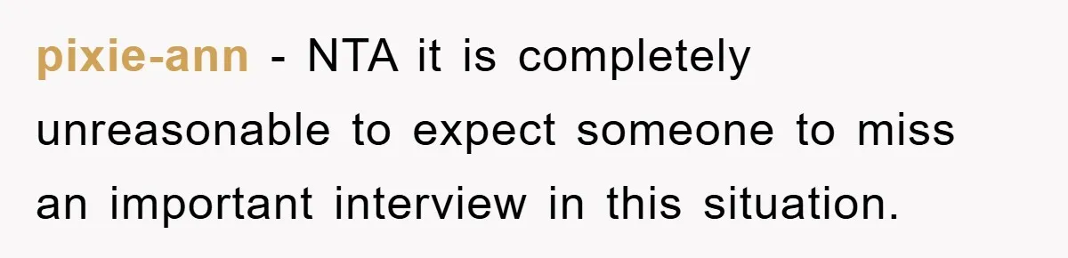 pixie-ann - NTA it is completely unreasonable to expect someone to miss an important interview in this situation.