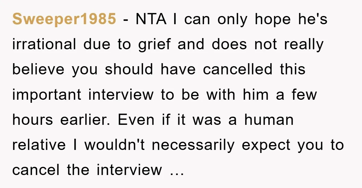 Sweeper1985 - NTA I can only hope he's irrational due to grief and does not really believe you should have cancelled this important interview to be with him a few...