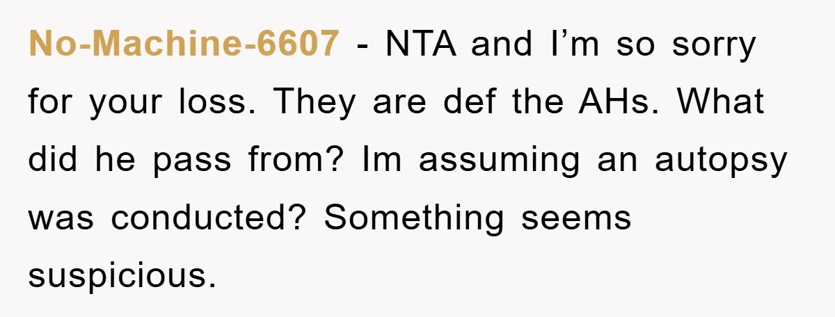No-Machine-6607 − NTA and I’m so sorry for your loss. They are def the AHs. What did he pass from? Im assuming an autopsy was conducted? Something seems suspicious.