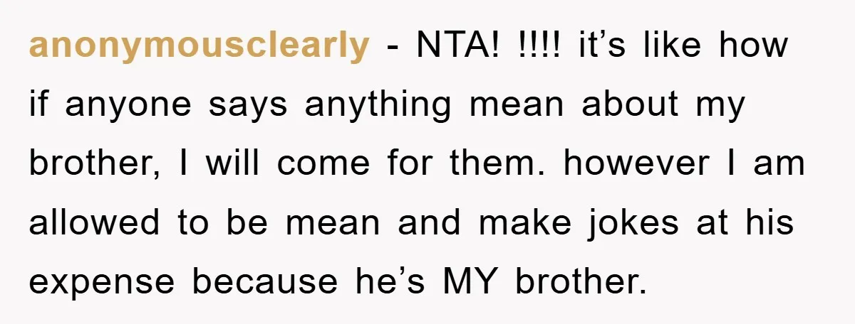 anonymousclearly − NTA! !!!! it’s like how if anyone says anything mean about my brother, I will come for them. however I am allowed to be mean and make jokes...