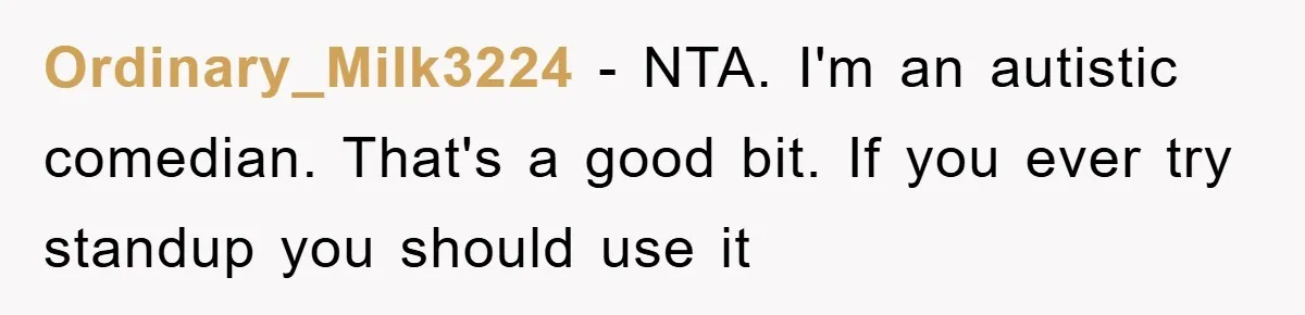 Ordinary_Milk3224 − NTA. I'm an autistic comedian. That's a good bit. If you ever try standup you should use it