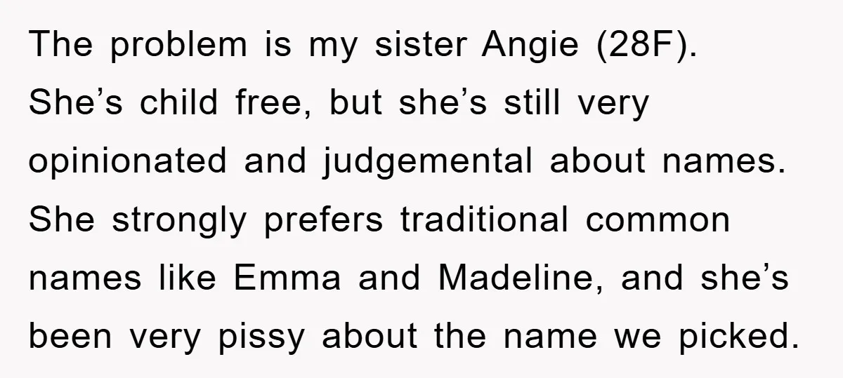 The problem is my sister Angie (28F). She’s child free, but she’s still very opinionated and judgemental about names. She strongly prefers traditional common names like Emma and Madeline, and...