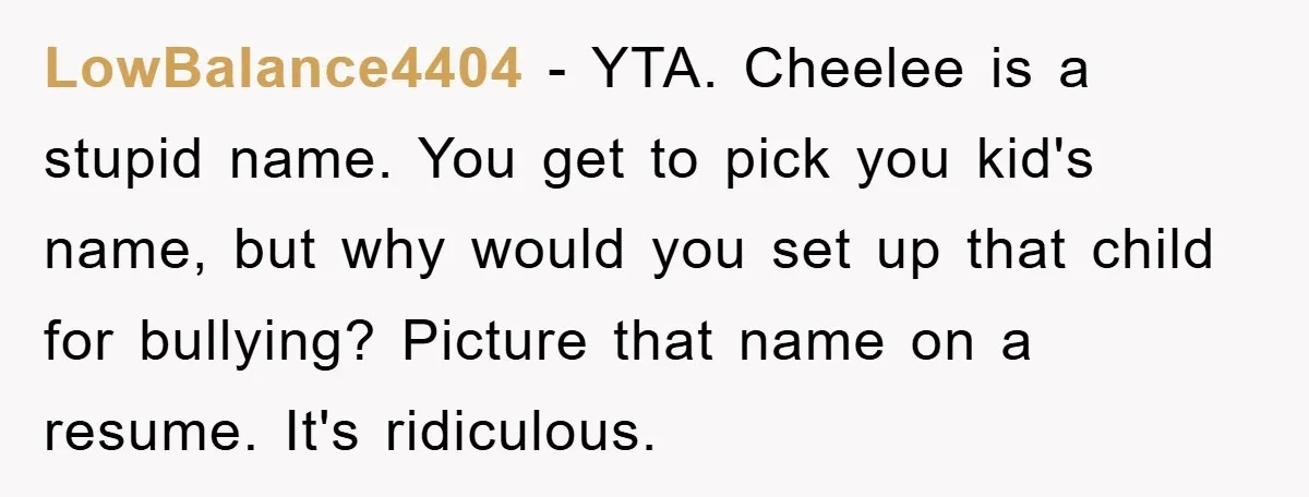 LowBalance4404 − YTA. Cheelee is a stupid name. You get to pick you kid's name, but why would you set up that child for bullying? Picture that name on a...