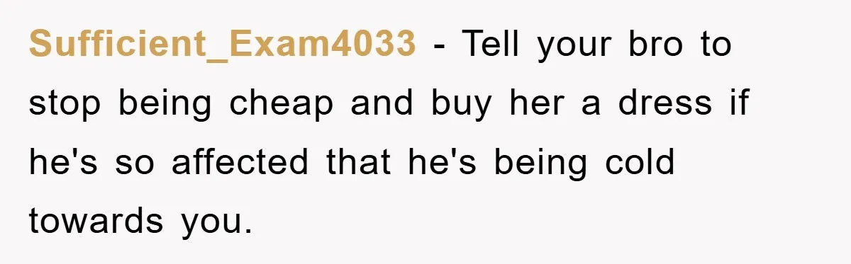 Sufficient_Exam4033 - Tell your bro to stop being cheap and buy her a dress if he's so affected that he's being cold towards you.