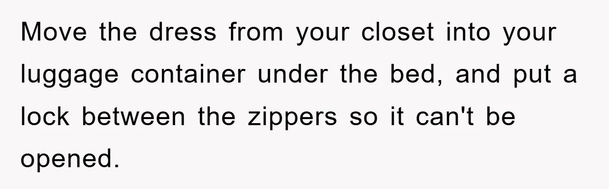 Move the dress from your closet into your luggage container under the bed, and put a lock between the zippers so it can't be opened.
