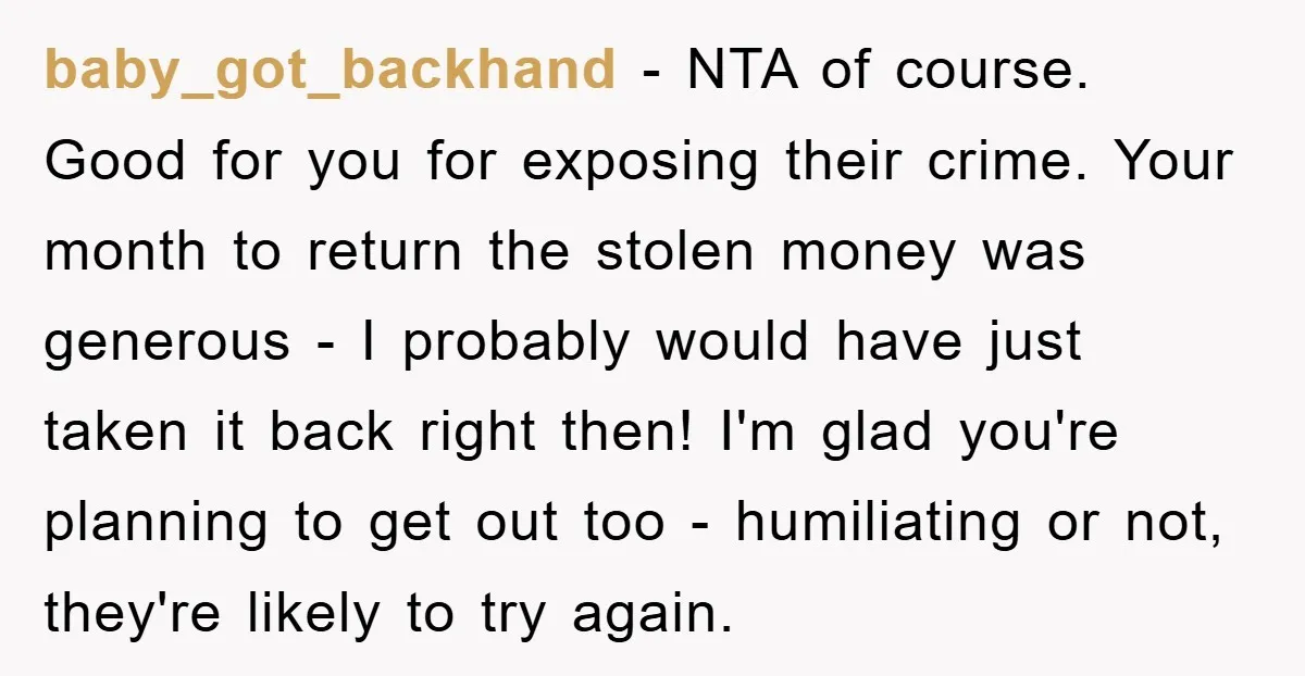 baby_got_backhand − NTA of course. Good for you for exposing their crime. Your month to return the stolen money was generous - I probably would have just taken it back...