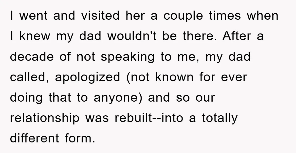 I went and visited her a couple times when I knew my dad wouldn't be there. After a decade of not speaking to me, my dad called, apologized (not known...