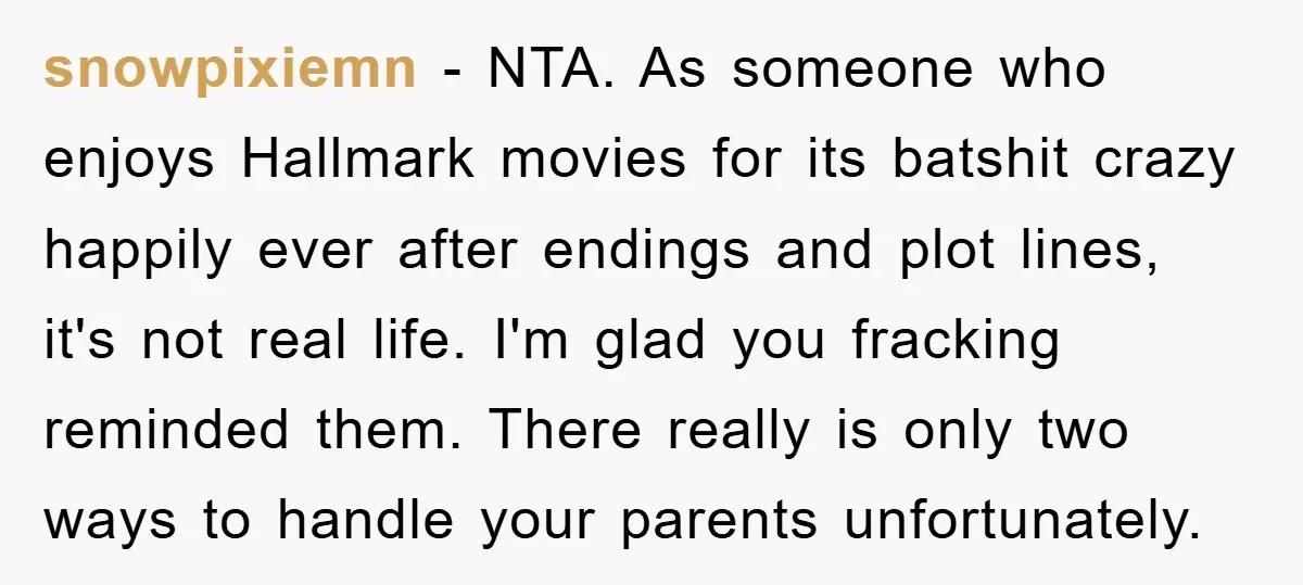 snowpixiemn - NTA. As someone who enjoys Hallmark movies for its batshit crazy happily ever after endings and plot lines, it's not real life. I'm glad you fracking reminded them....