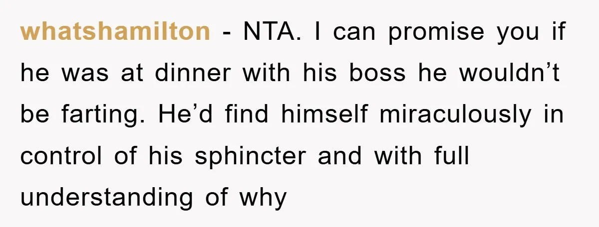 whatshamilton − NTA. I can promise you if he was at dinner with his boss he wouldn’t be farting. He’d find himself miraculously in control of his sphincter and with...