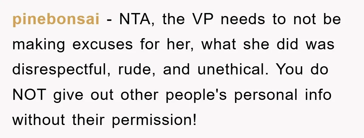 pinebonsai - NTA, the VP needs to not be making excuses for her, what she did was disrespectful, rude, and unethical. You do NOT give out other people's personal info...