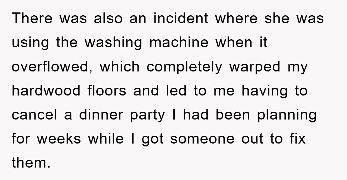 There was also an incident where she was using the washing machine when it overflowed, which completely warped my hardwood floors and led to me having to cancel a dinner...