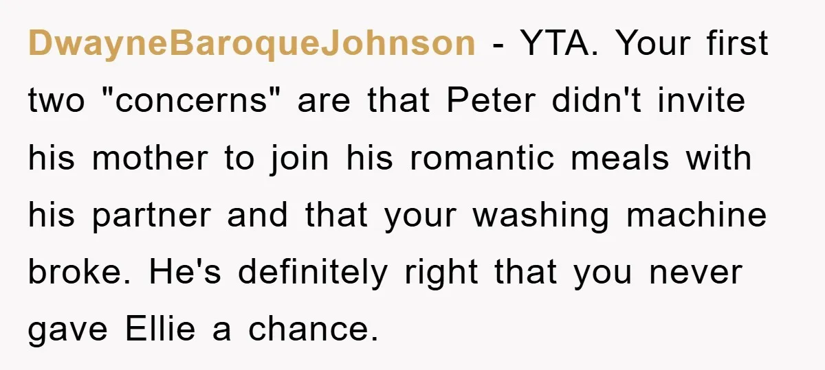 DwayneBaroqueJohnson - YTA. Your first two "concerns" are that Peter didn't invite his mother to join his romantic meals with his partner and that your washing machine broke. He's definitely...