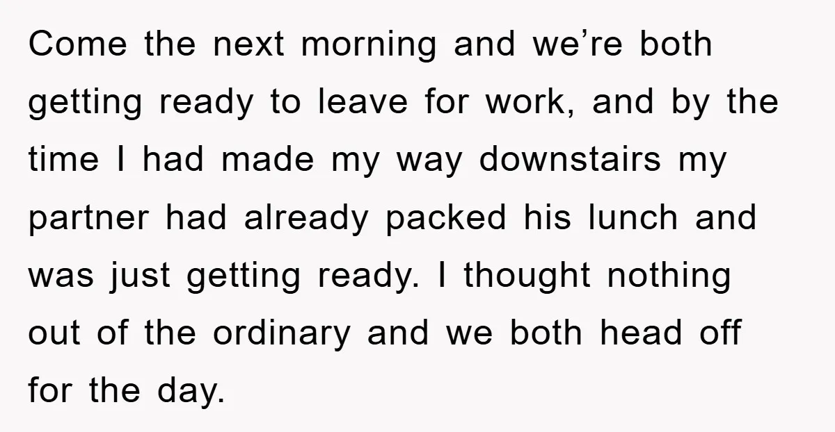 Come the next morning and we’re both getting ready to leave for work, and by the time I had made my way downstairs my partner had already packed his lunch...