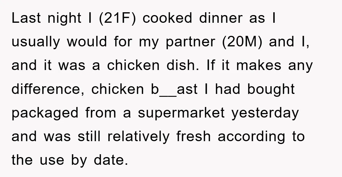 Last night I (21F) cooked dinner as I usually would for my partner (20M) and I, and it was a chicken dish. If it makes any difference, chicken b__ast I...
