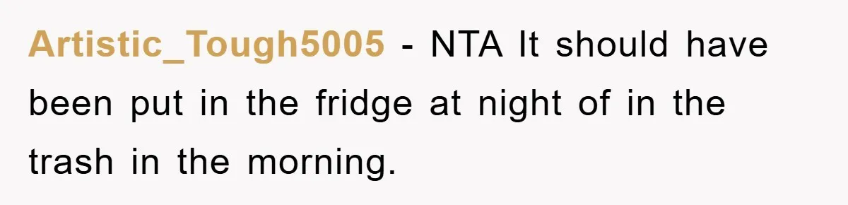Artistic_Tough5005 − NTA It should have been put in the fridge at night of in the trash in the morning.