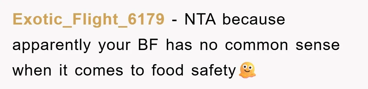 Exotic_Flight_6179 − NTA because apparently your BF has no common sense when it comes to food safety🫠