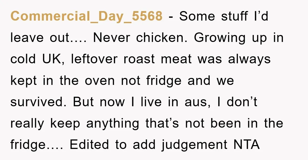 Commercial_Day_5568 − Some stuff I’d leave out…. Never chicken. Growing up in cold UK, leftover roast meat was always kept in the oven not fridge and we survived. But now...