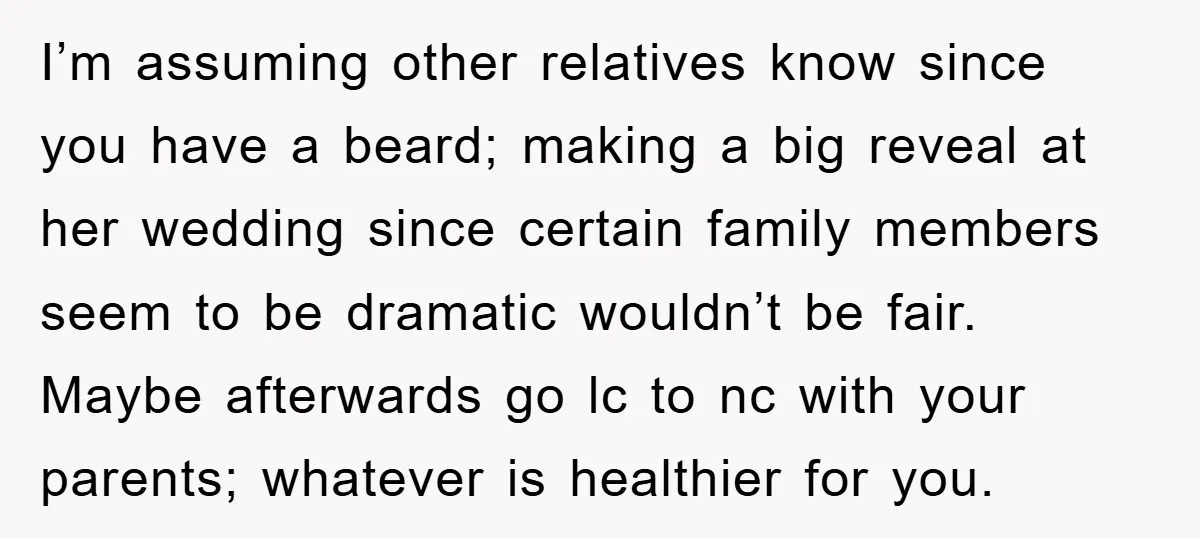 I’m assuming other relatives know since you have a beard; making a big reveal at her wedding since certain family members seem to be dramatic wouldn’t be fair. Maybe afterwards...