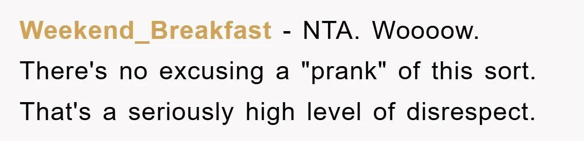 Weekend_Breakfast - NTA. Woooow. There's no excusing a "prank" of this sort. That's a seriously high level of disrespect.