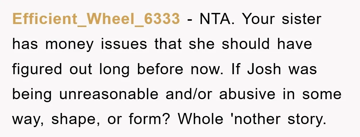 Efficient_Wheel_6333 - NTA. Your sister has money issues that she should have figured out long before now. If Josh was being unreasonable and/or abusive in some way, shape, or form?...