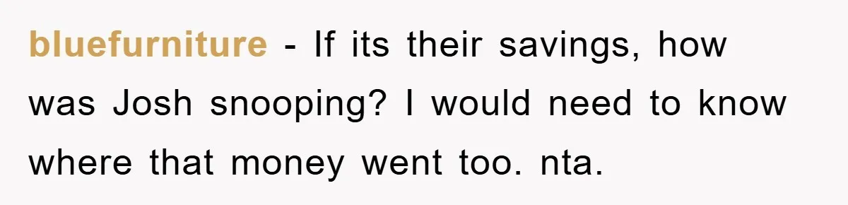 bluefurniture - If its their savings, how was Josh snooping? I would need to know where that money went too. nta.