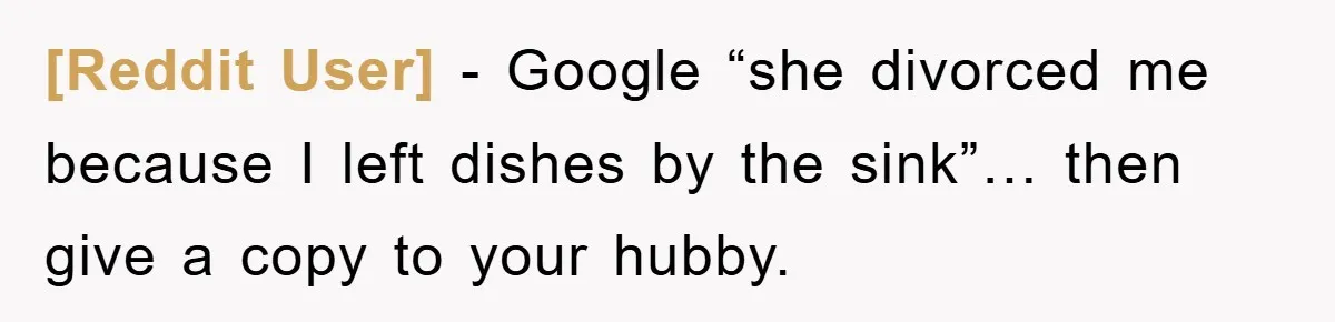 [Reddit User] − Google “she divorced me because I left dishes by the sink”… then give a copy to your hubby.