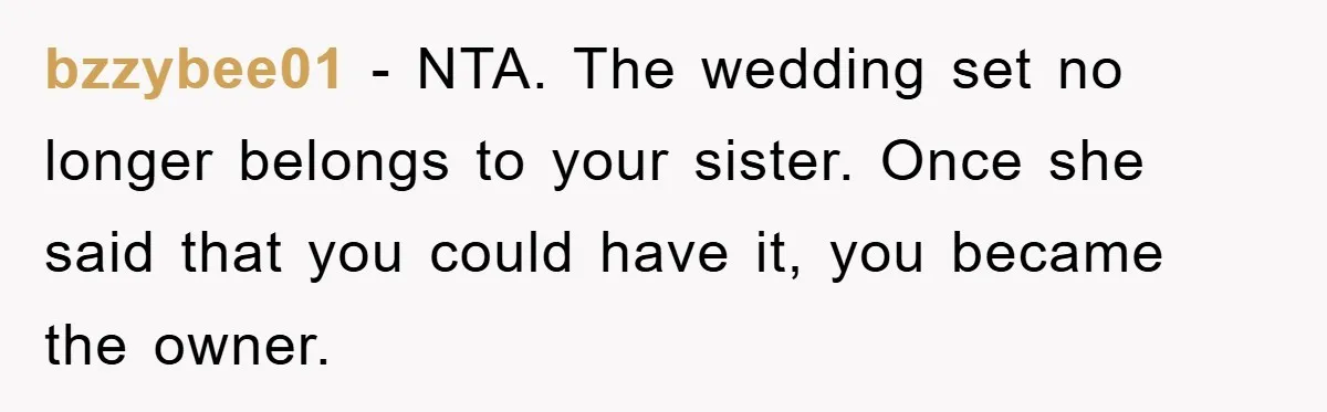 bzzybee01 − NTA. The wedding set no longer belongs to your sister. Once she said that you could have it, you became the owner.