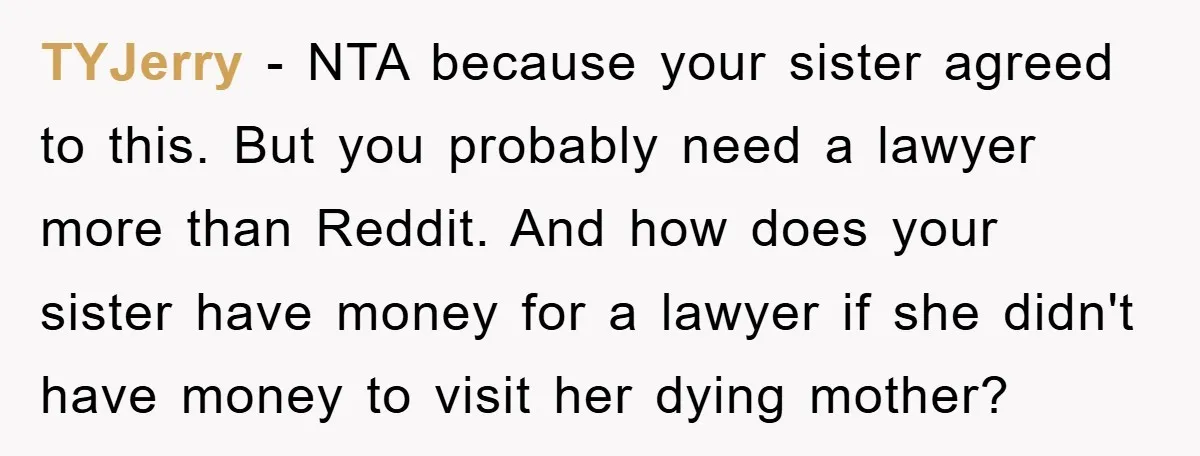 TYJerry − NTA because your sister agreed to this. But you probably need a lawyer more than Reddit. And how does your sister have money for a lawyer if she...